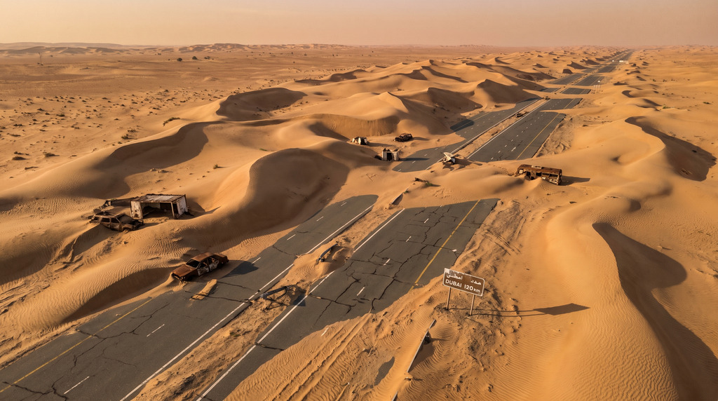 Stunning Apocalyptic Aerial Photos Of Sand-Covered Roads In The United Arab Emirates (30 photos)